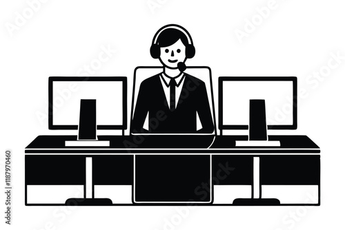 A customer service desk, a person working on dual screens vector style silhouette.eps