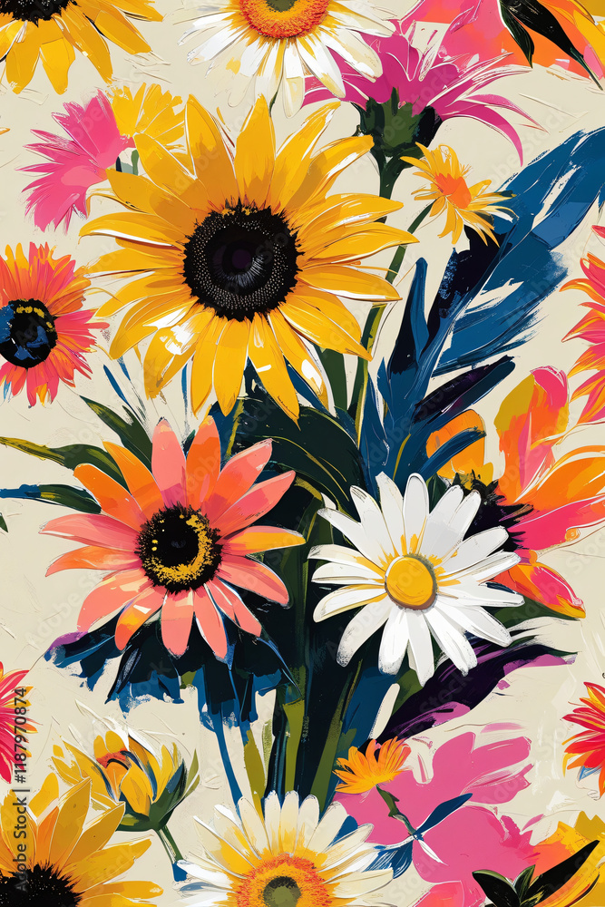 A vibrant design showcasing a bouquet of bold sunflowers with bright yellow petals and dark centers, daisies with delicate white petals and yellow centers, and tropical blooms in shades of pink A vibrant design showcasing a bouquet of bold sunflowers with bright yellow petals and dark centers, daisies with delicate white petals and yellow centers, and tropical blooms in shades of pink