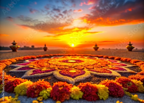 Silhouette of Stunning Marigold Rangoli Diwali Flower Decoration photo