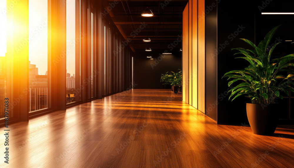 Fototapeta premium Modern interior with sunlight pouring through spacious windows.