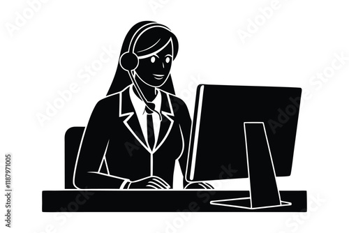 Black and white silhouette of a woman customer support specialist.eps