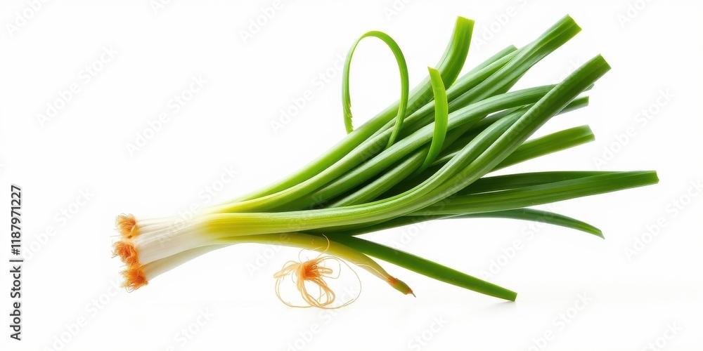 Obraz premium A bunch of fresh green onions with their roots exposed, ready to be used in a delicious recipe.