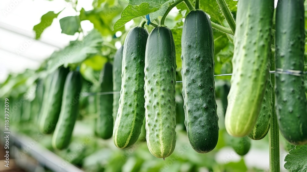 Fresh green cucumbers growing in a greenhouse Fresh green cucumbers growing in a greenhouse