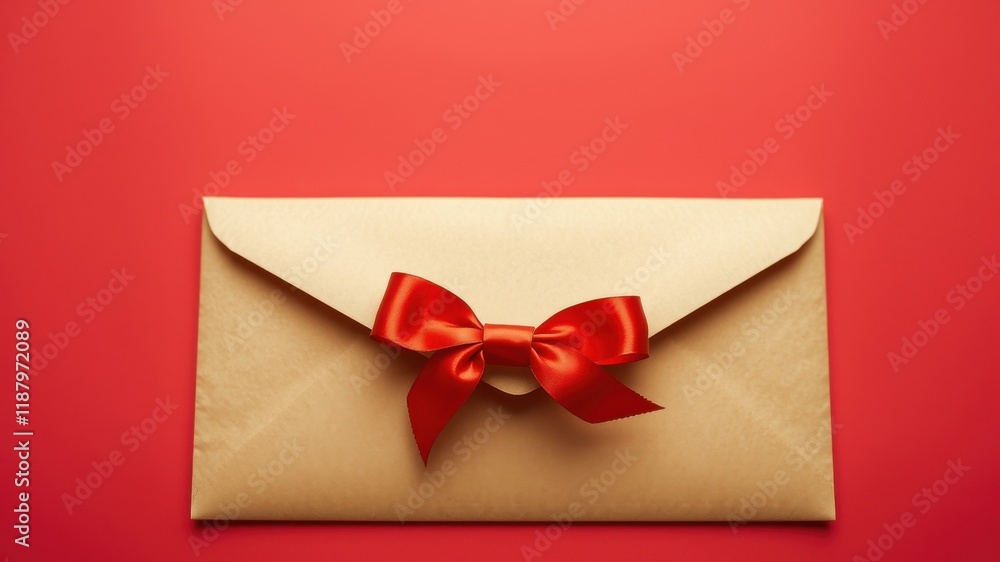 A simple kraft paper envelope adorned with a vibrant red bow, a classic symbol of love and celebration. A simple kraft paper envelope adorned with a vibrant red bow, a classic symbol of love and celebration.