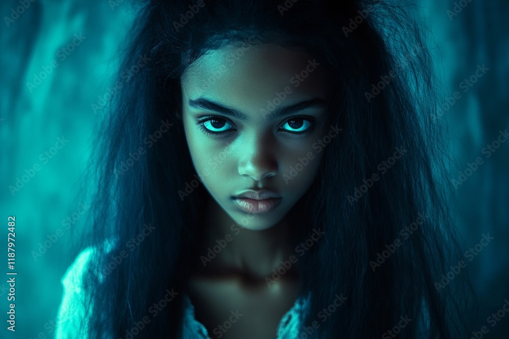 Naklejka premium Attractive calm black girl - for ads, poster and internet marketing use. Commercial ad campaign creative. Long hairdo - gorgeous bush hair. Chic african fashion photography. Model concept.