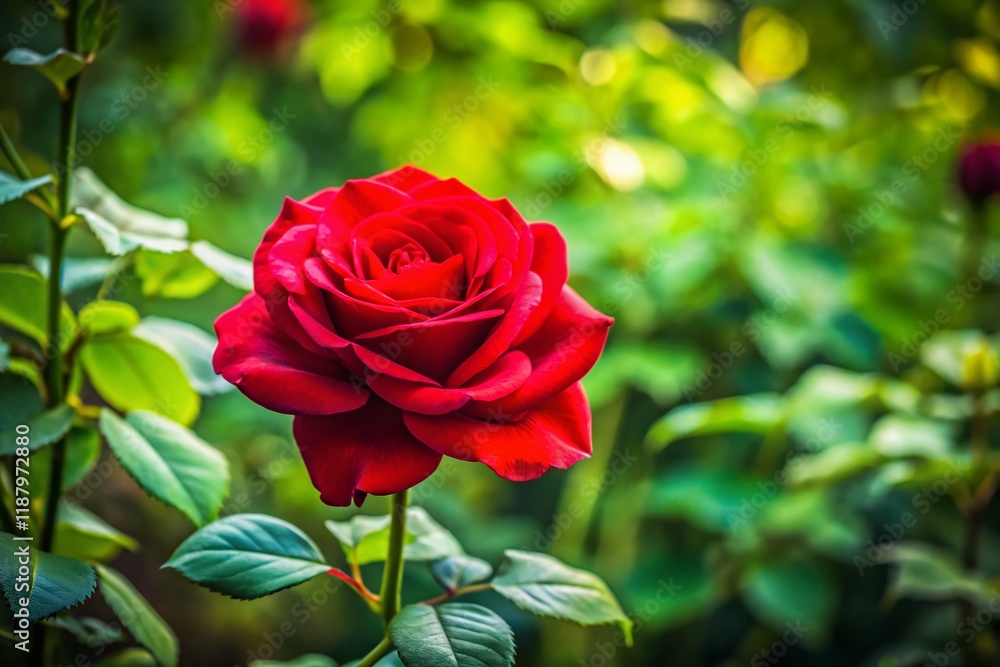 Single Red Rose Blooming on Bush in Garden - Documentary Style Photography Single Red Rose Blooming on Bush in Garden - Documentary Style Photography