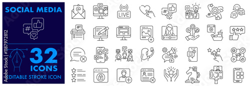 SSocial Media Editable Stroke icon set. Online community, media, website, blog, content, marketing and social network icons. and more Vector illustration icon set Social Media