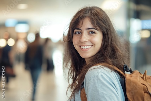 Free Download Young caucasian female smiling with backpack in busy indoor environment - GFXLoad