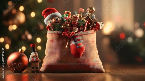 A cheerful toy Santa Claus stands with a bag full of gifts against a backdrop of glowing Christmas lights and decorations, spreading holiday joy.