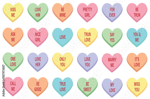 Sweet heart candy. Sweetheart candies isolated on white background, conversation sweets for valentines day, valentine sugar food hearts
