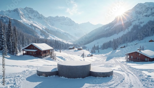 Empty winner podium in beautiful snow mountain landscape. Concept of victory, winter sport, and achievement.