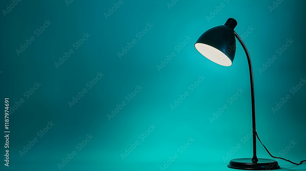 Illuminated desk lamp against teal backdrop, study space, nighttime ambiance, perfect for education themes Illuminated desk lamp against teal backdrop, study space, nighttime ambiance, perfect for education themes