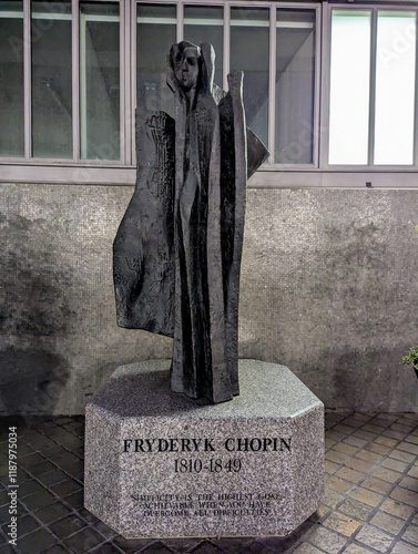 London, UK. 04.09.2024: Frederic Chopin monument in Southbank centre by the Thames river
