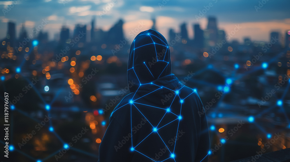 Fototapeta premium Hacker are planning to hack and attack networks and cyber security systems. Smart digital city with connection cyber security network reciprocity over the cityscape .
