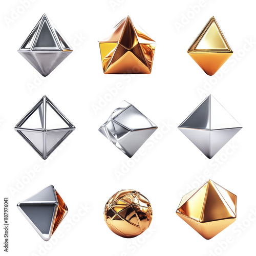 Geometric 3D Shapes in Silver and Gold Colors on Transparent Background for Design Use photo