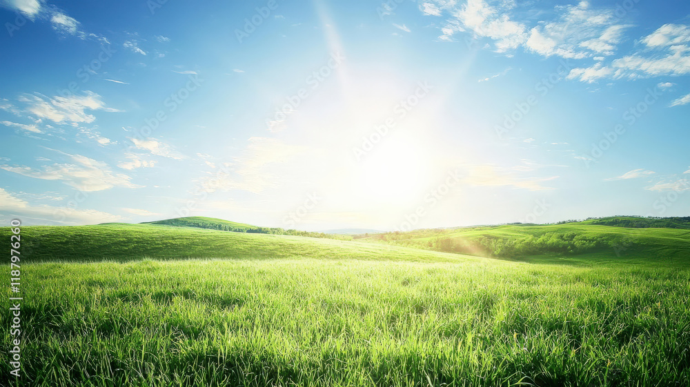 Obraz premium Serene Green Hills Landscape. Rolling hills, clear sky & sunlight beams. Eco-friendly & natural scene. Ideal for sustainable product marketing