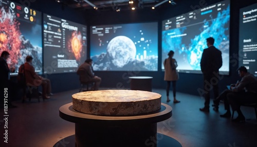 People in a science museum looking at interactive displays. Concept of education, technology, and learning. photo