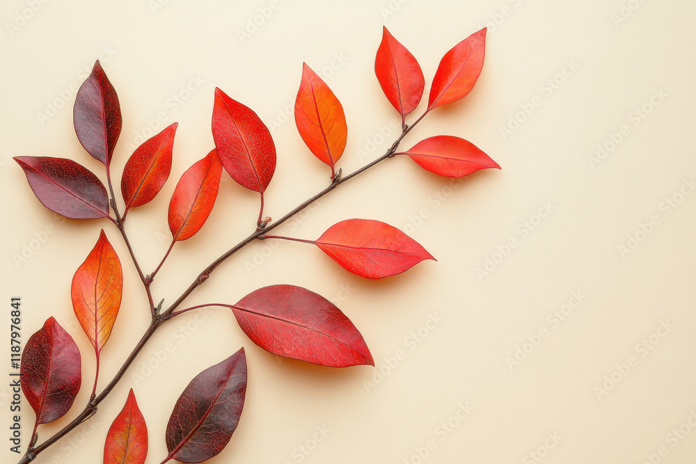 Obraz premium Vibrant red and orange leaves on a slender branch against a light background showcasing autumn colors and seasonal beauty