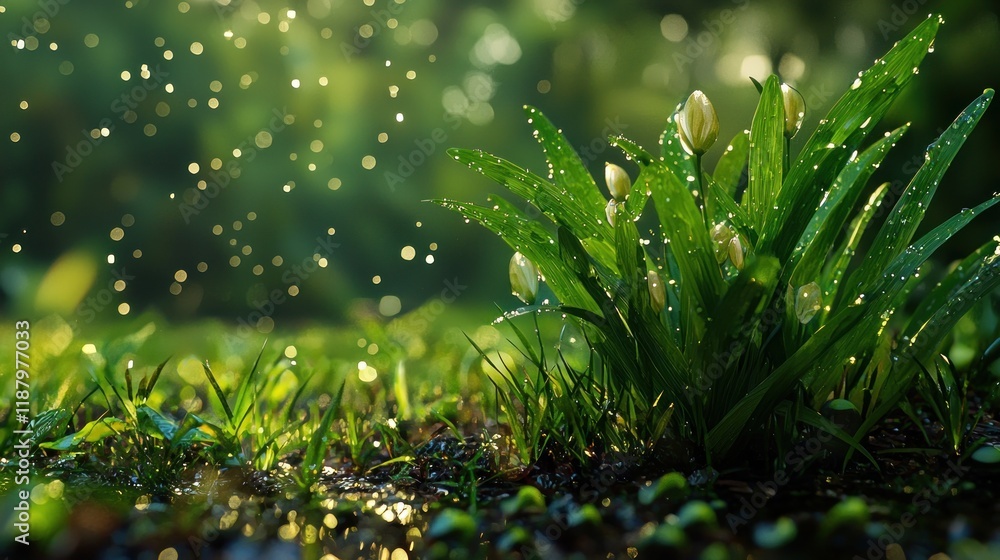 Refreshing Rain Shower on Lush Greenery Refreshing Rain Shower on Lush Greenery