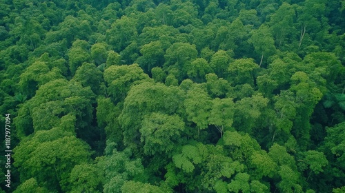 Lush tropical rainforest canopy with dense green foliage photo