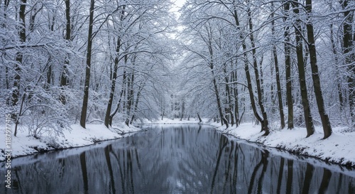 Wallpaper Mural Winter landscape, snowy forest, frozen creek, bare tree branches covered in snow, reflections on water, serene atmosphere Torontodigital.ca