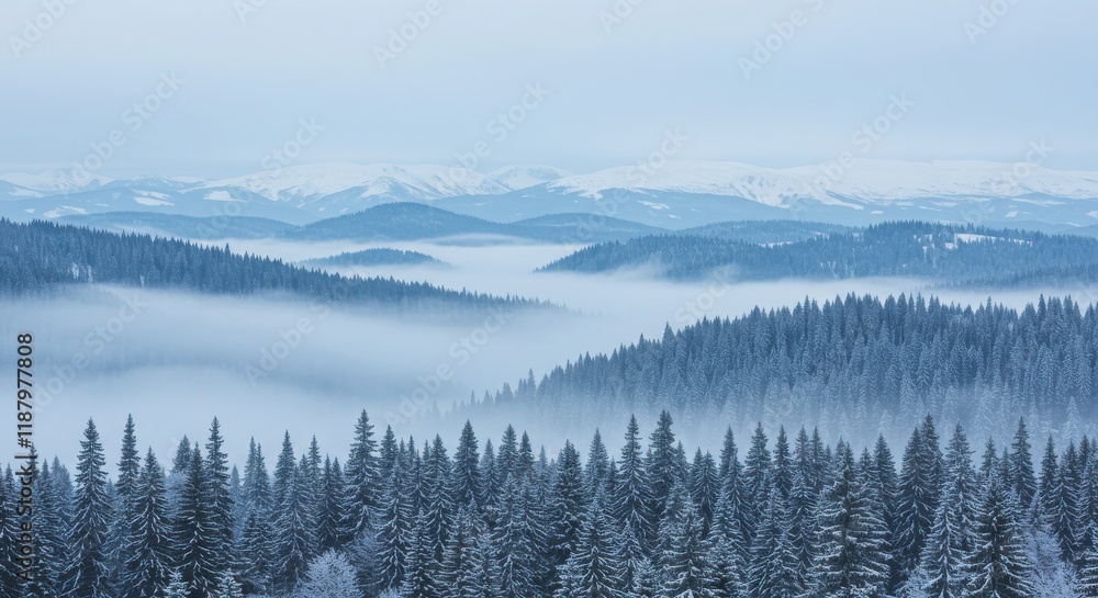 Winter Forest - Snow-Covered Pines and Misty Mountains, Foggy Landscape Winter Forest - Snow-Covered Pines and Misty Mountains, Foggy Landscape