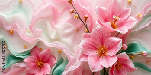 Wallpaper Mural Delicate pink flowers nestled in a swirling sea of pastel fabric with shimmering gold accents. Torontodigital.ca