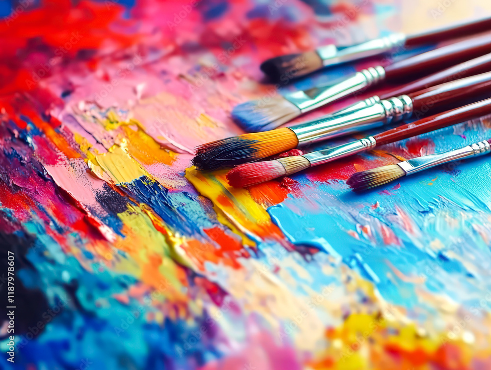 Fototapeta premium A painting with a variety of colors and brushes on a canvas