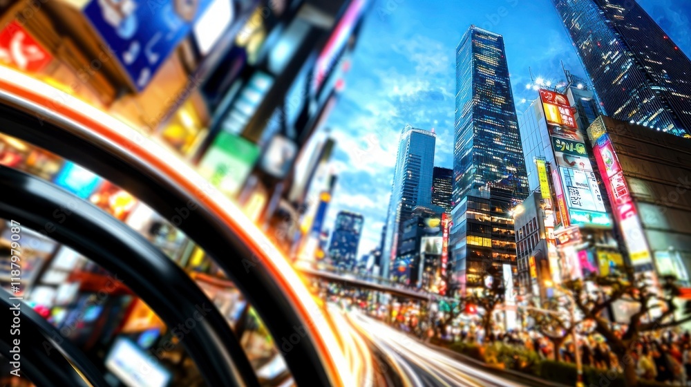 Obraz premium Futuristic Cityscape Night Lights Skyscrapers Traffic Trails