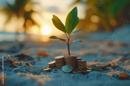 Young green plant thriving on stacked coins at sunset nature and finance blend beach environment inspirational concept
