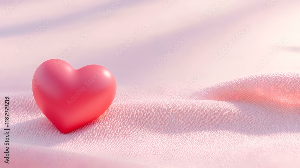 Fototapeta premium Pink heart on soft fabric, sunlit background, Valentine's Day, romantic greeting card design
