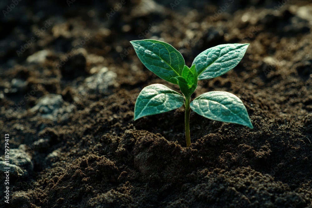 Fototapeta premium Green seedling growth in fertile soil nature close-up vibrant environment inspirational concept