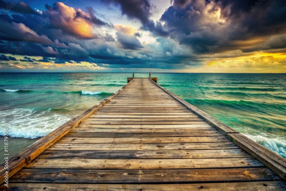 Obraz premium Weathered pier stretches into a serene, overcast ocean; a vintage panoramic scene.