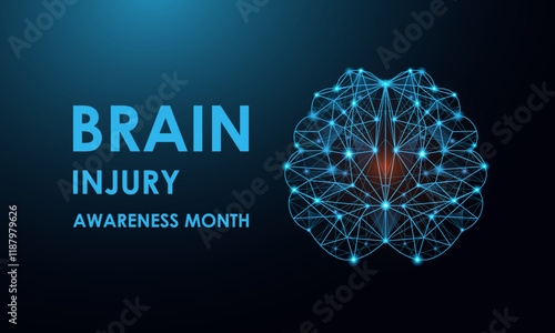 Low poly brain injury awareness month concept. Abstract modern 3d vector. Banner poster, flyer and dark blue background design template. Vector illustration. Eps 10.