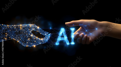 AI connection human, digital hands, dark