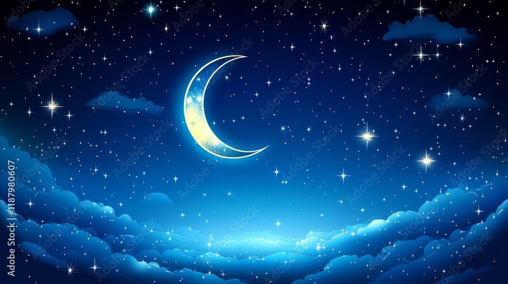 Ethereal Night Sky with a Bright Crescent Moon Illuminating Stars Above Soft Clouds in Deep Blue Atmosphere for Dreamy Backgrounds and Serene Settings Ethereal Night Sky with a Bright Crescent Moon Illuminating Stars Above Soft Clouds in Deep Blue Atmosphere for Dreamy Backgrounds and Serene Settings