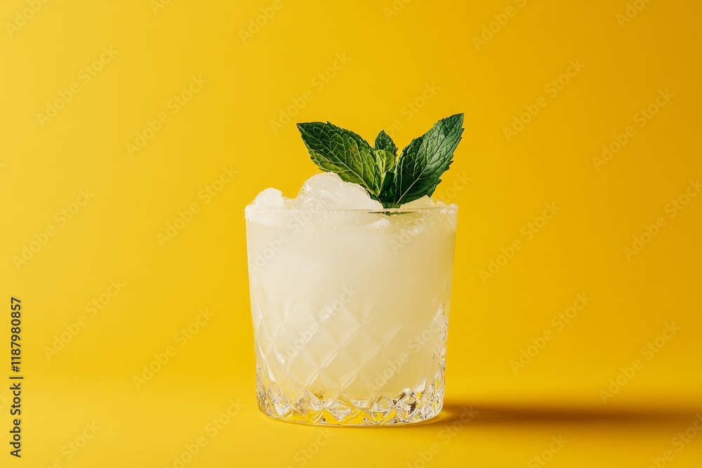 Refreshing iced lemonade with mint garnish in crystal glass on yellow background Refreshing iced lemonade with mint garnish in crystal glass on yellow background