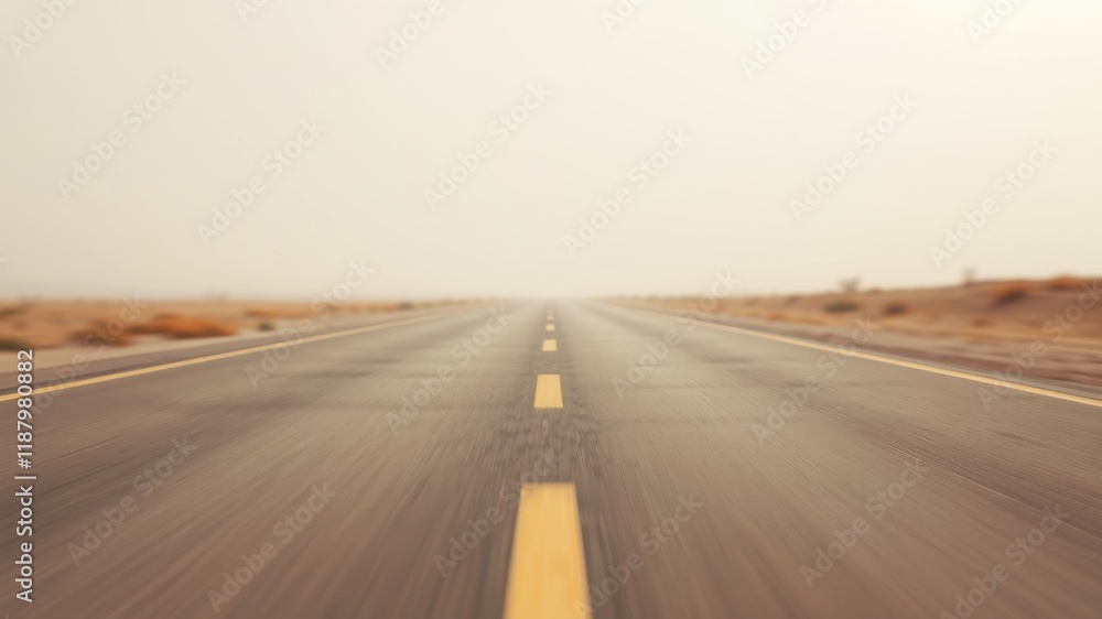 Fototapeta premium A long, straight, paved road disappearing into the distance on a hazy day, with yellow lines marking the lanes and a light brown landscape on either side