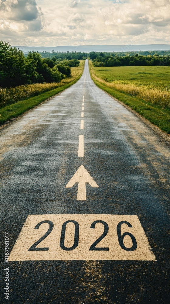 Fototapeta premium Long wet road with 2026 marking and clouds above stretching into the distance