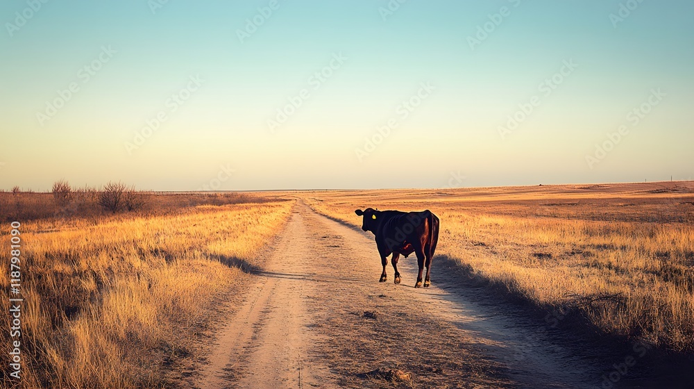Lone Cow Walks Down Country Road at Sunset Lone Cow Walks Down Country Road at Sunset