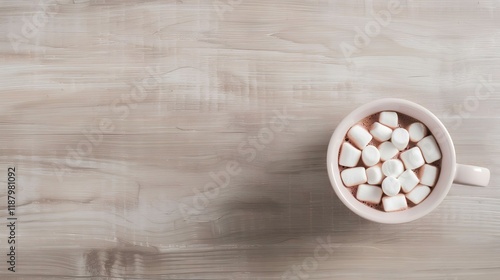 Pink mug of hot chocolate with marshmallows on wooden table, copy space