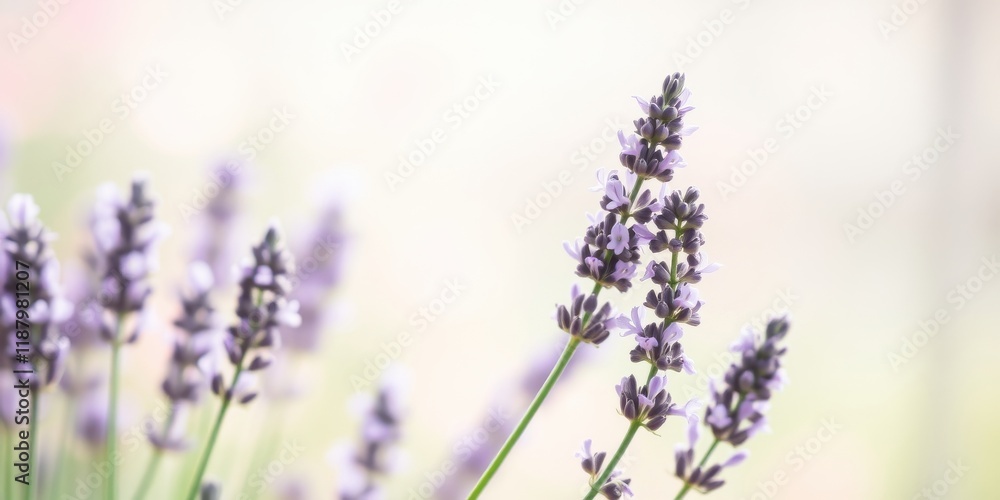 Naklejka premium Lavender blooms with a delicate purple hue, creating a soft and tranquil scene against a blurred backdrop