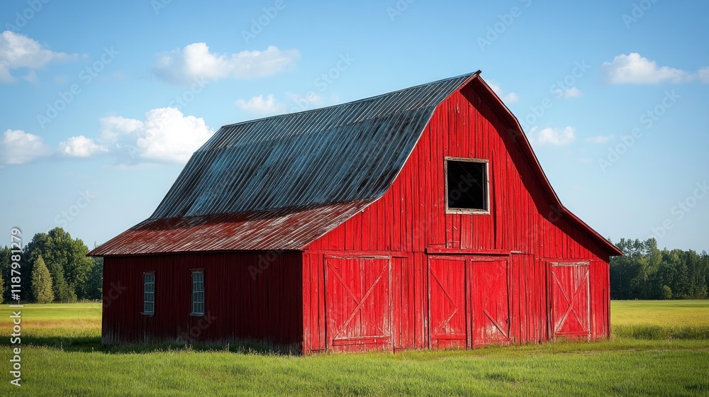 Red barn in sunny field with cloudy sky. Red barn in sunny field with cloudy sky.