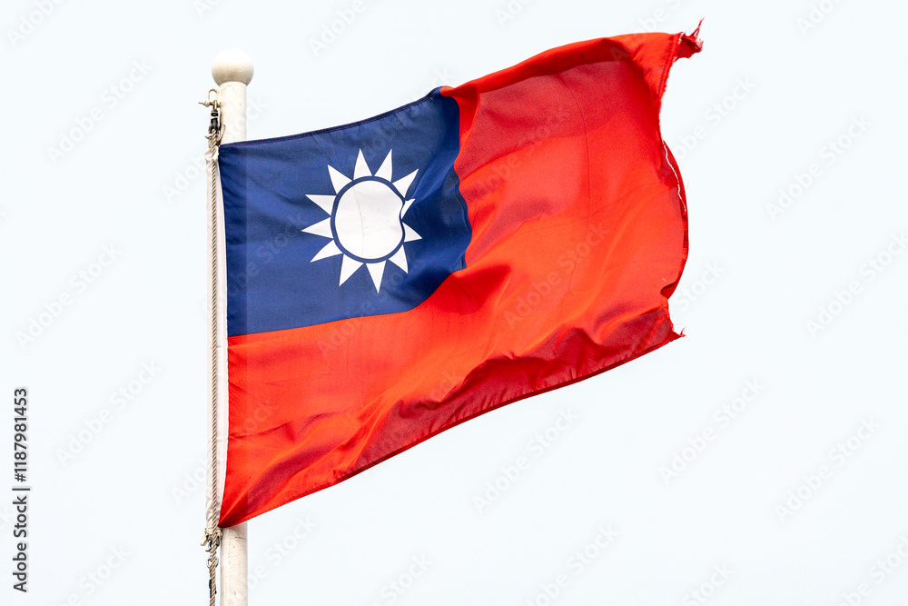 Taiwan flag on pole with isolate white background
