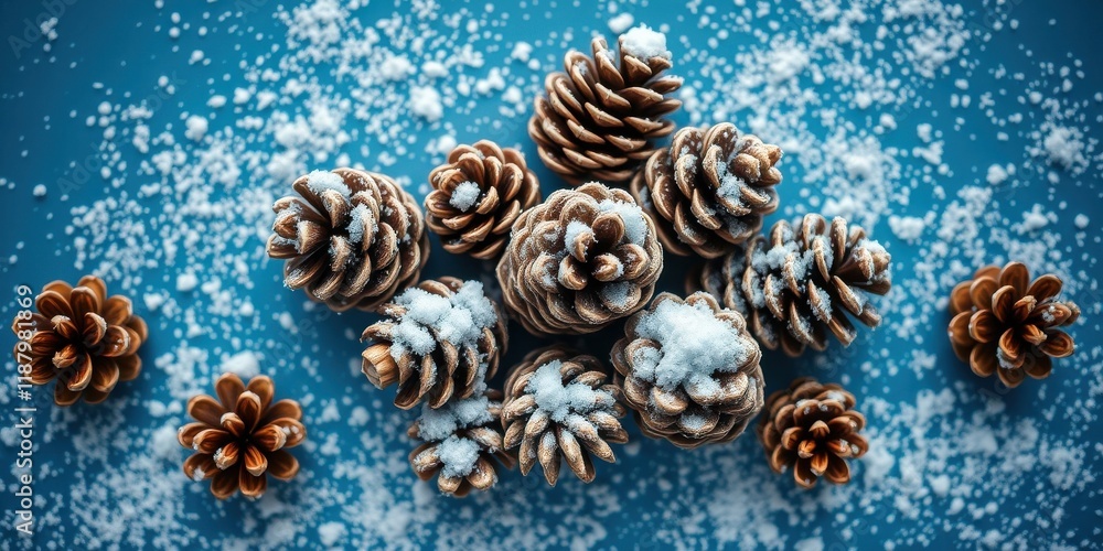 Fototapeta premium A cluster of brown pine cones dusted with fresh snow, scattered across a vibrant blue surface.