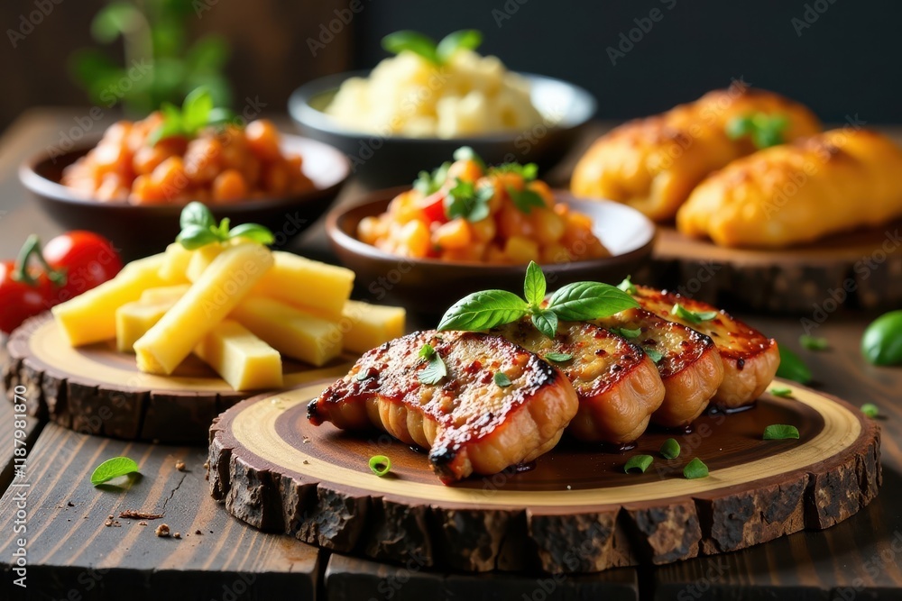 Vibrant dishes from around the world displayed on wooden planks, cultures, traditional Vibrant dishes from around the world displayed on wooden planks, cultures, traditional