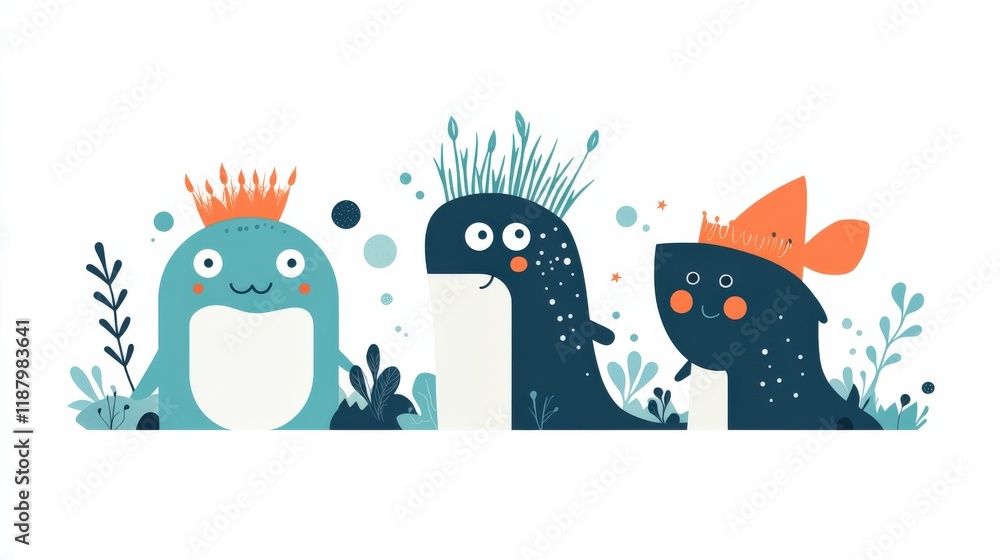 Obraz premium Playful and Colorful Cartoon Sea Creatures with Unique Features and Expressions Surrounded by Marine Plants and Bubbles on a Light Background