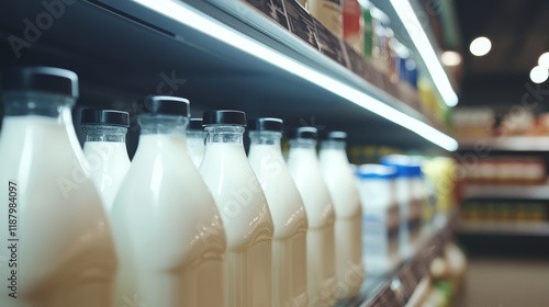 Milk bottles on a supermarket shelf with variety of dairy products in the background photo