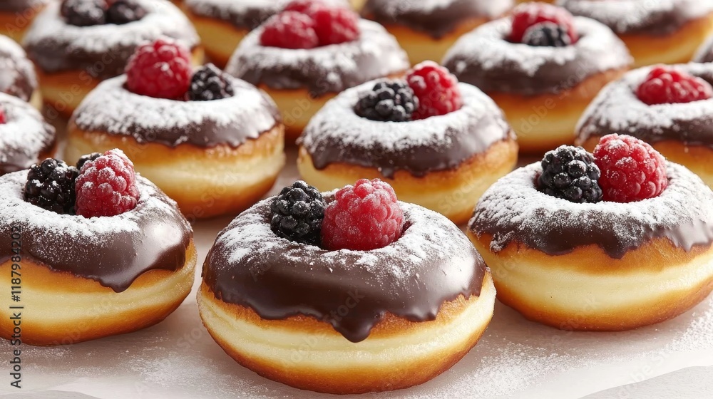Chocolate glazed donuts with berries and powdered sugar topping Chocolate glazed donuts with berries and powdered sugar topping