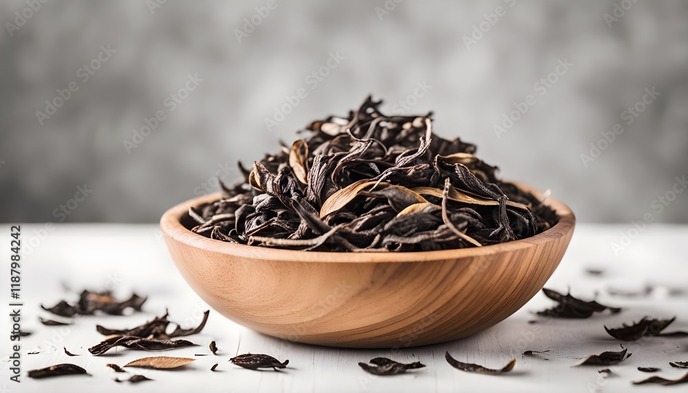 Dried tea leaves in wooden bowl isolated on white background
Dried tea leaves in wooden bowl isolated on white background